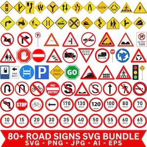 以下が含まれることがあります： 様々な形状と色をした80以上の道路標識のコレクション。警告、規制、案内標識が含まれています。SVG、PNG、JPG、AI、EPS形式のバンドルです。速度制限標識はkm/hで表示されます。