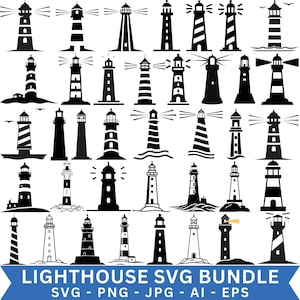 May include: A collection of black and white lighthouse illustrations in various designs. The image includes lighthouses with stripes, solid colors, and different architectural styles. The text "LIGHTHOUSE SVG BUNDLE" is displayed at the bottom, along with file type options.