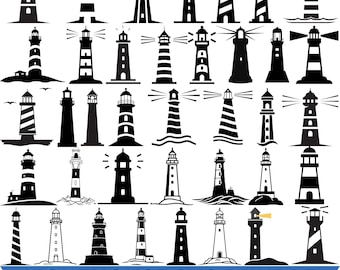 May include: A collection of black and white lighthouse illustrations in various designs. The image includes lighthouses with stripes, solid colors, and different architectural styles. The text "LIGHTHOUSE SVG BUNDLE" is displayed at the bottom, along with file type options.