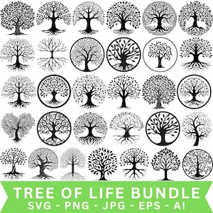 Könnte beinhalten: Eine Sammlung von schwarz-weißen Lebensbaum-Designs in verschiedenen Stilen. Einige sind kreisförmig, andere sind freistehend. Das Bild enthält den Text "TREE OF LIFE BUNDLE" mit den Dateiformatoptionen: SVG, PNG, JPG, EPS und AI.