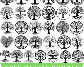 May include: A collection of black and white tree of life designs in various styles. Some are circular, others are standalone. The image includes the text "TREE OF LIFE BUNDLE" with file format options: SVG, PNG, JPG, EPS, and AI.