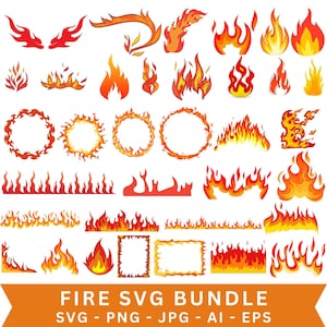 Puede incluir: Una colección de gráficos de fuego estilizados en tonos de rojo, naranja y amarillo. Los diseños incluyen llamas, anillos de fuego y bordes. El texto "FIRE SVG BUNDLE" se muestra en la parte inferior, junto con información sobre el tipo de archivo.