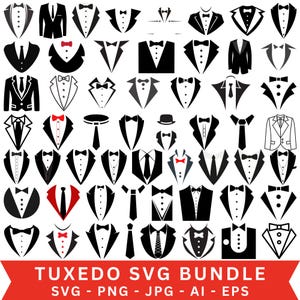 Könnte beinhalten: Eine Sammlung von Smoking-Designs in Schwarz und Weiß, darunter Fliegen, Jacken und Krawatten. Das Bild zeigt verschiedene Stile und Silhouetten von formeller Kleidung. Der Text "TUXEDO SVG BUNDLE" wird unten in Rot mit Dateitypinformationen angezeigt.