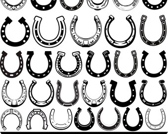 May include: A collection of various black and white horseshoe designs. The image features a variety of horseshoe styles, including those with decorative elements and different shapes. The text at the bottom reads "HORSE SHOE SVG BUNDLE" with file type options.