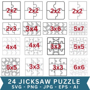 以下が含まれることがあります： 2x2、2x3、3x4、3x6、4x4、5x5、5x7、6x6など、さまざまなサイズの24種類のジグソーパズルデザインのコレクション。各パズルは黒で縁取られ、ピース数を示す赤い文字が使用されています。「24 JICKSAW PUZZLE」の文字が下部にあります。