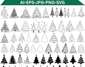 May include: A digital collection of black and white Christmas tree illustrations featuring various line art and solid silhouette designs. The image includes the text CHRISTMAS TREE AI-EPS-JPG-PNG-SVG at the top in a green banner.
