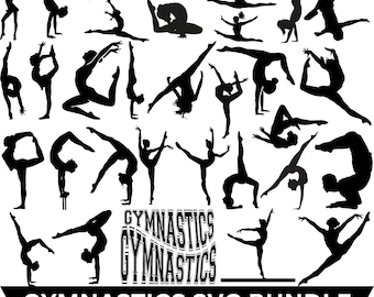 May include: Black silhouette illustrations of gymnasts in various poses, including handstands, splits, and leaps. The image includes the text "GYMNASTICS SVG BUNDLE" with file type options: SVG, PNG, JPG, EPS, and AI.