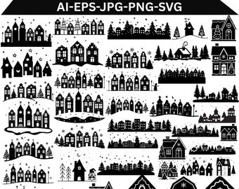 May include: A digital collection of black and white Christmas house silhouettes featuring various village scenes, individual buildings, pine trees, and snowy landscapes. The text CHRISTMAS HOUSES AI-EPS-JPG-PNG-SVG is at the top.