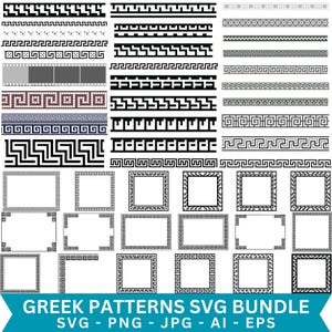Puede incluir: Una colección de patrones griegos en blanco y negro, que incluye bordes y marcos cuadrados. Los patrones presentan diseños geométricos como meandros y patrones de llaves. La imagen también incluye el texto "GREEK PATTERNS SVG BUNDLE" e información sobre el tipo de archivo.