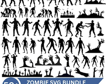 May include: A collection of black silhouettes featuring various zombie figures in walking, reaching, and crawling poses, along with hands emerging from the ground and graveyard scenes. The text at the bottom reads 50+ ZOMBIE SVG BUNDLE AI-EPS-JPG-PNG-SVG.