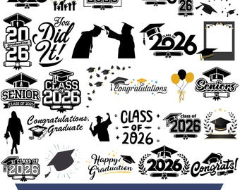 May include: A collection of black and white graduation-themed SVG designs. The designs include graduation caps, the text "Class of 2026", and congratulatory messages. The designs are suitable for various crafting projects.