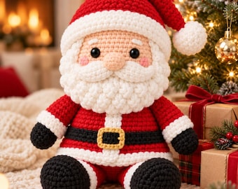 May include: A crocheted Santa Claus doll featuring a red hat with a white pom-pom, a thick white beard, a red jacket with a black belt and gold buckle, and black boots. The figure has black eyes and pink cheeks, crafted with yarn.