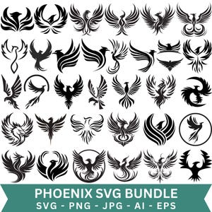 Könnte beinhalten: Eine Sammlung schwarzer Phönix-Designs in verschiedenen Stilen. Das Bild enthält mehrere Illustrationen von Phönixen mit ausgebreiteten Flügeln, im Flug und in kreisförmigen Rahmen. Der Text "PHOENIX SVG BUNDLE" befindet sich unten.