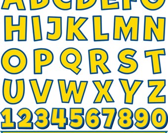 May include: Yellow alphabet letters and numbers with blue outlines, reminiscent of a popular animated movie. The image includes the full alphabet from A to Z and numbers 0 to 9. A banner at the bottom reads "TOY STORY ALPHABETS SVG".