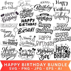 Könnte beinhalten: Eine Sammlung von schwarz-weißen "Happy Birthday"-Designs in verschiedenen Schriftarten und Stilen. Enthält Ballons, Partyhüte und dekorative Elemente. Der Text "HAPPY BIRTHDAY BUNDLE" befindet sich unten.