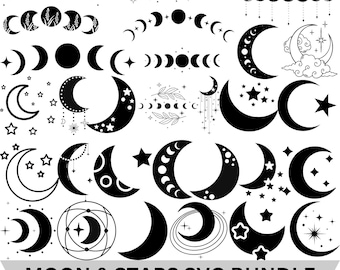 Paquete SVG de luna y estrellas: Luna creciente, flores y cielo nocturno (descarga instantánea)