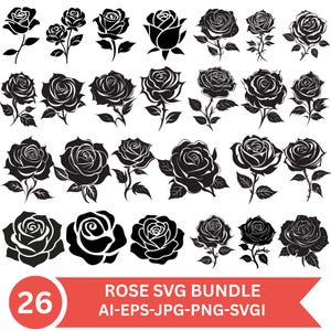 Ros SVG-paket, Clipart-blommor, rosvektor, rossilhuett, blommor svg - digital nedladdning svg, png, dxf, eps, svg-filer för Cricut