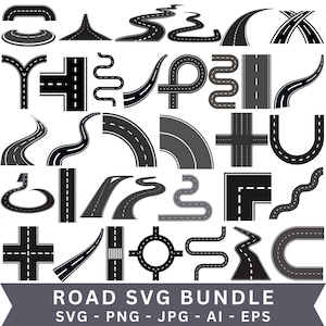 Puede incluir: Colección de ilustraciones de carreteras en blanco y negro de diversas formas. La imagen incluye segmentos de carretera rectos, curvos y que se cruzan, junto con el texto "ROAD SVG BUNDLE".