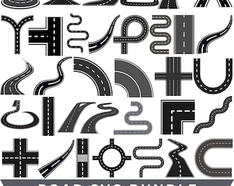 May include: A collection of black and white road illustrations in various shapes and designs. The image includes straight, curved, and intersecting road segments, along with the text "ROAD SVG BUNDLE".