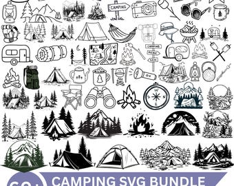 May include: A collection of over 60 black and white camping-themed vector illustrations featuring tents, campfires, backpacks, lanterns, maps, binoculars, and campers. The bottom banner includes the text 60+ CAMPING SVG BUNDLE.
