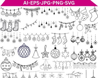 May include: A collection of black and white line art illustrations featuring Christmas hangings, including ornaments, stockings, snowflakes, and garlands. The text CHRISTMAS HANGINGS AI-EPS-JPG-PNG-SVG is displayed in white on a magenta banner.