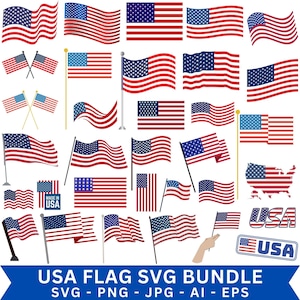 Può includere: Una collezione di varie bandiere americane in rosso, bianco e blu, tra cui bandiere sventolanti, bandiere su pali e un contorno della mappa. Il testo "USA FLAG SVG BUNDLE" e le abbreviazioni dei tipi di file sono inclusi.