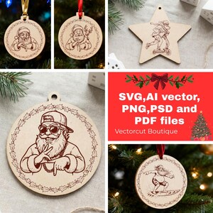 May include: Wooden Christmas ornaments with engraved Santa Claus designs. The ornaments include a star-shaped one with Santa on a scooter and round ones with different Santa illustrations. The ornaments are ready to hang.