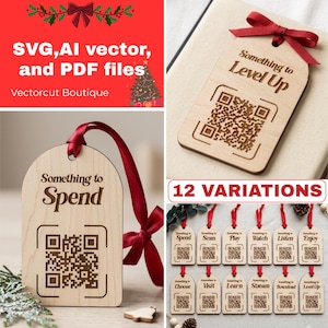 Étiquettes cadeaux de Noël personnalisables avec code QR, fichiers SVG pour découpe laser, cadeau électronique intelligent pour les fêtes, ornement en bois Glowforge, téléchargement numérique vectoriel