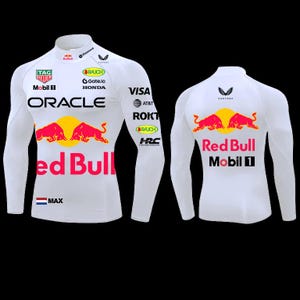 May include: A white long-sleeve compression shirt featuring the Oracle Red Bull Racing team branding. The front displays sponsor logos including TAG Heuer, Mobil 1, and Oracle, with a Dutch flag and MAX text. The back features the Red Bull logo.