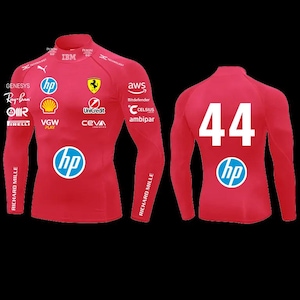 May include: A red long-sleeved shirt with multiple sponsor logos, including HP, Ferrari, and Ray-Ban. The back of the shirt displays the number 44 in white and an HP logo. The shirt is designed for athletic wear.
