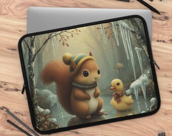 Squirrel and Duck Laptop Sleeve | Cozy Winter Forest Animal Illustration | Whimsical Woodland Case | Neoprene Sleeve for MacBook & Tablets