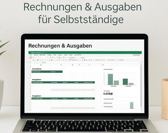 May include: A laptop displaying an Excel spreadsheet with the text "Rechnungen & Ausgaben" and "Digitale Excel-Vorlage". The screen shows a green and white spreadsheet with charts and data. The laptop is open on a white surface.