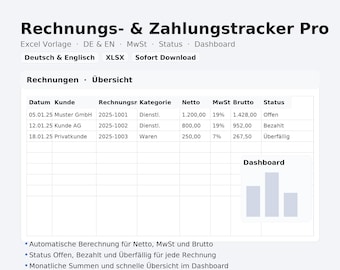 May include: A digital spreadsheet titled "Rechnungs- & Zahlungstracker Pro" with a table showing invoice details, including date, customer, category, net amount, VAT, gross amount, and status. The dashboard displays a bar graph. Text includes "Deutsch & Englisch" and "XLSX".