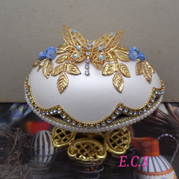 1pc Decorated Goose Egg Elegance Jewelry Box,White, Lt Sapphite Cup Chain Swarovski.Blue Rose