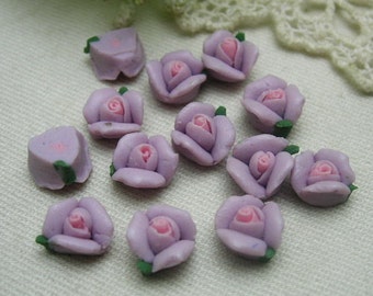 10pcs -8mm Rose Ceramic, Purple  w/ Pink Centre