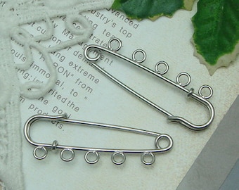 6Pcs  50mm  Silver Plated  Safety Pin / Brooch with 5 Hole