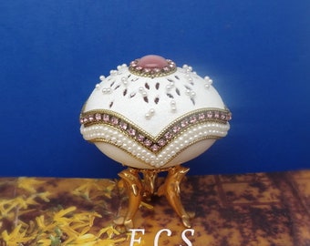 1 pc - Hand Made Decorated  Craved Duck Egg Elegance Jewelry Box, Tiny Pearl on Top