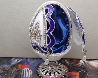 1pc-Decorated GooseEgg Elegance Jewelry Box Royal Blue Satin Inside, Swarovski Stone.Topaz,Sapphire