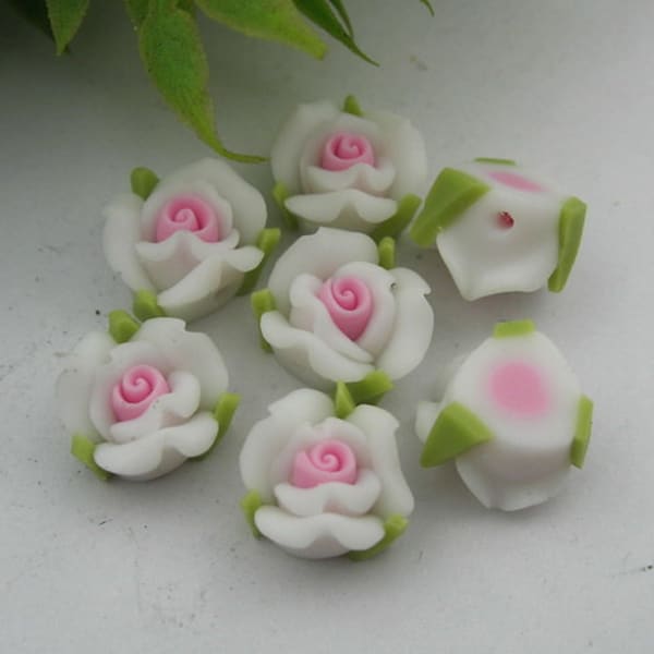 8pcs - ( 8mm ) fimo rose flower, white with pink in centre