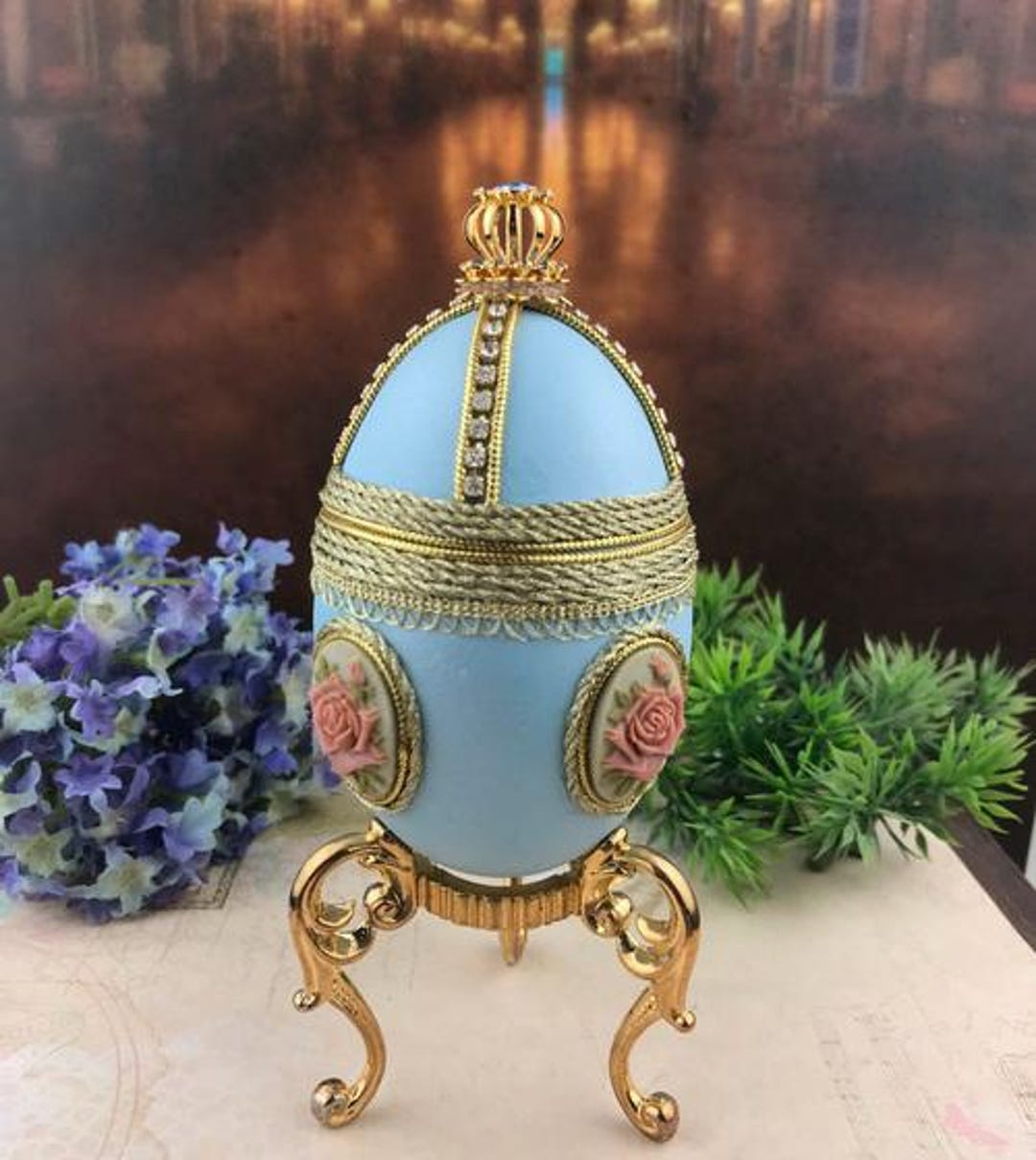 1 Pcs- Hand Made Dcorated Goose Egg Elegance Jewelry Box,blue With Pink ...