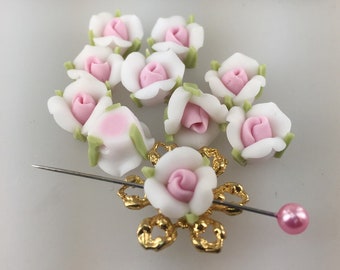 8pcs -( 10mm) Beautiful Fimo Rose Flower- Pink /White