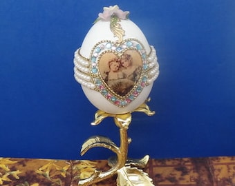 1pcs -(80mm High) Hand Made Heart Duck Egg Jewelry Box Gift Box,Green Egg Golden Rose Stand