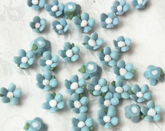 May include: A collection of light blue flower embellishments with white centres. The flowers are scattered on a white surface.