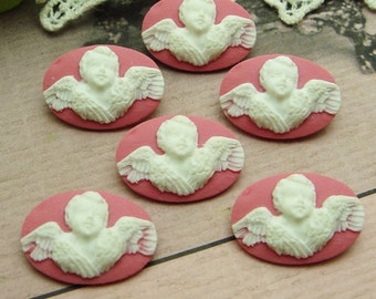 6Pcs Lovely Angel Circle Cameo 14X20 mm,White on Pink