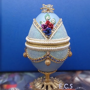 1 pc Decorated Goose Egg Elegance Jewelry Box,Lt Blue Satin,Swarovski Crystals in Sapphire Cup Chain