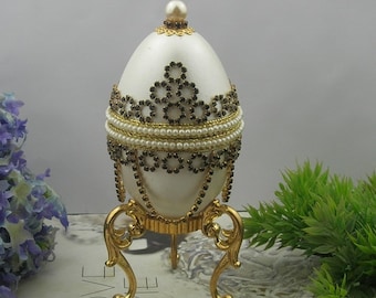 1 pcs Hand Made  Decorated  Goose  Egg EleganceJewelry Box.-Black