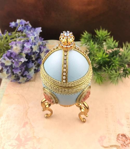 1 Pcs- Hand Made Dcorated Goose Egg Elegance Jewelry Box,blue With Pink ...