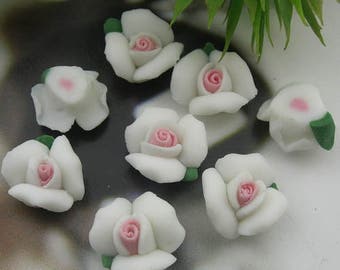 10 pcs -(12mm) Rose Flower Ceramic  White /Pink Centre