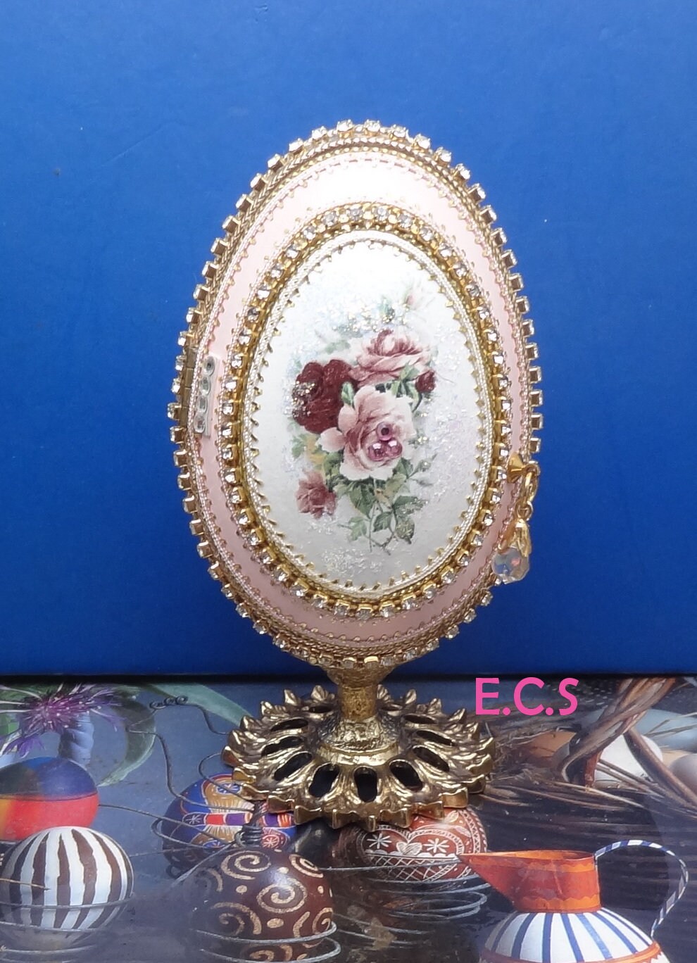 1pc-Decorated GooseEgg Elegance Jewelry Box Pink Satin Inside, Swarovski Stone.Glitter Rose