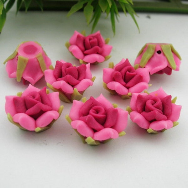 6 pcs belle Fimo Rose fleur 12 mm Light Rose vert w / Rose Centre(16-1205)